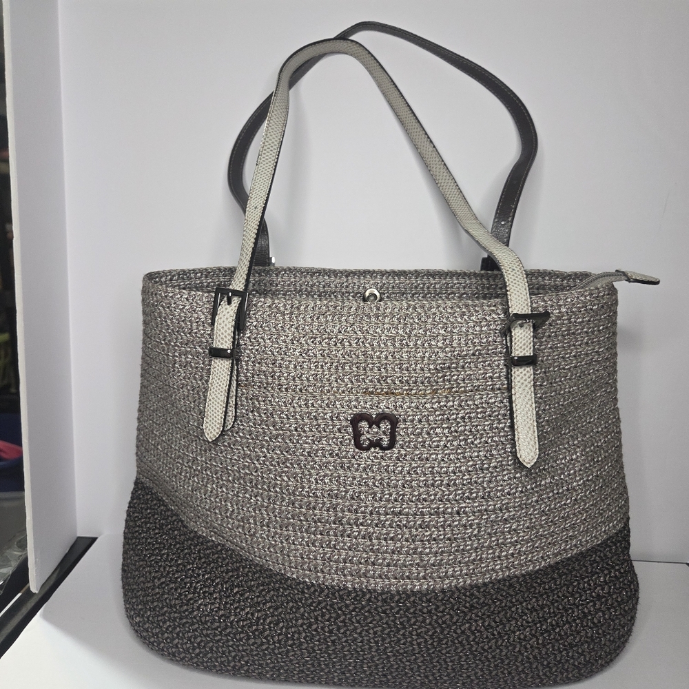 eric javits jute straw zip top tote be ige grey luxury bag purse